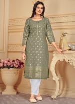 Cotton Green Traditional Wear Foil Print Readymade Kurti With Pant